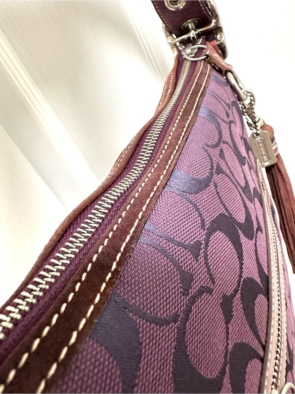 Coach Signature Jacquard‎ Suede Tassel Shoulder Crossbody Bag Plum Purple Y2K